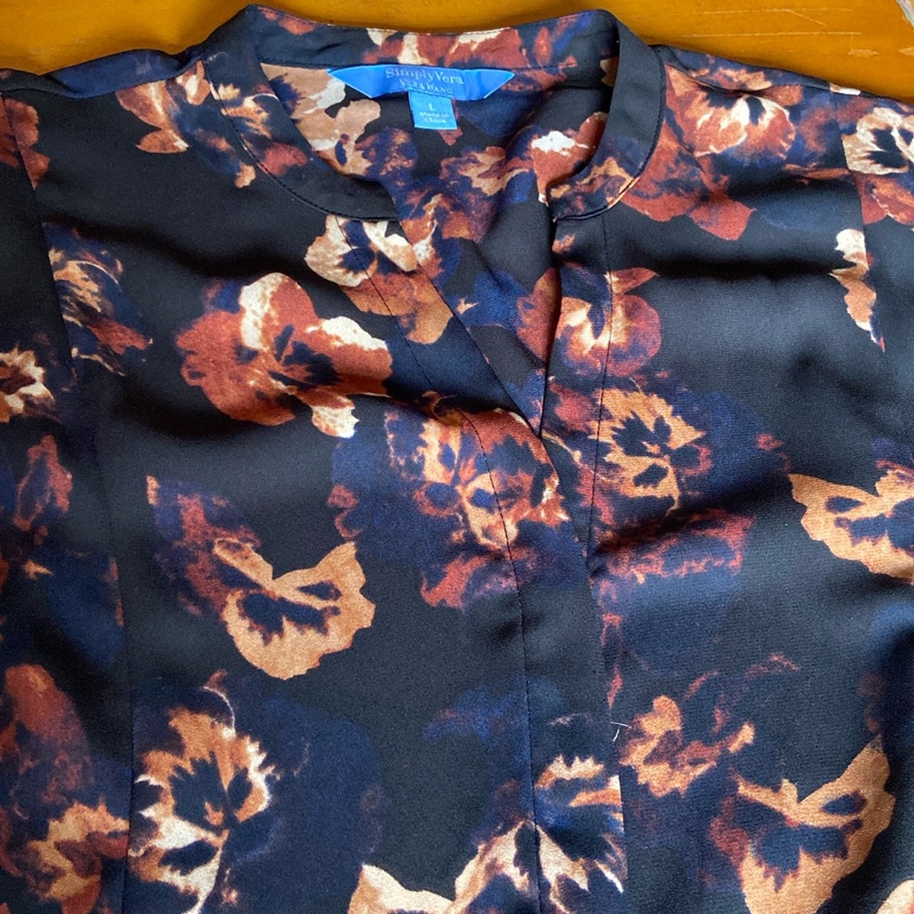 Simply Vera Vera Wang Asymmetrical Black and Brown Mandarin Collar Blouse Size L - Picture 7 of 10